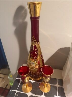 Hand-Painted Red and Gold Decorative Glass Cruet Set